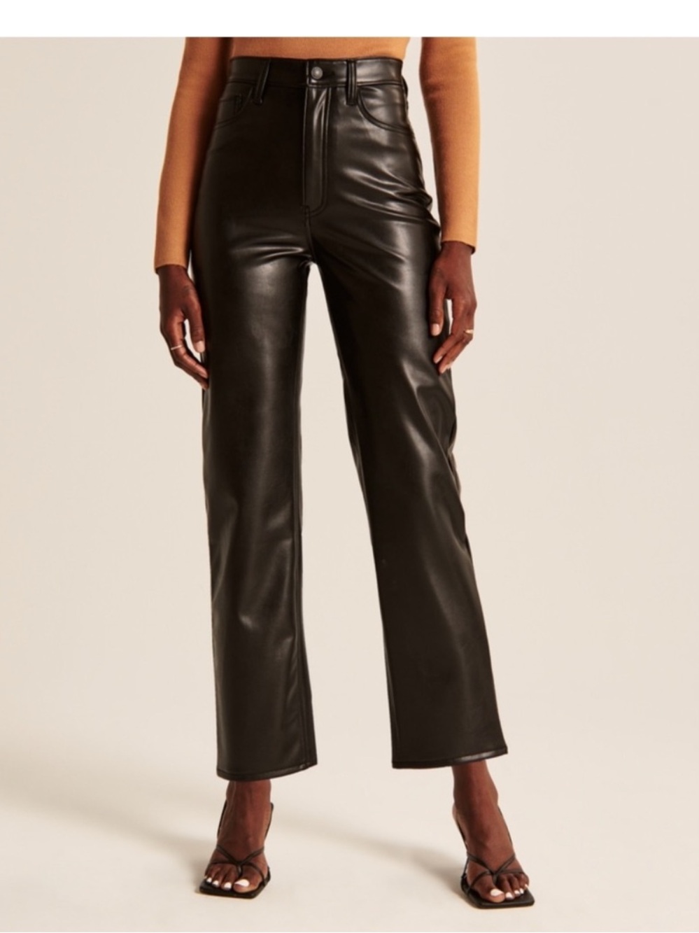 Abercrombie & Fitch Ankle Straight Ultra High Rise Vegan Leather Black Trousers